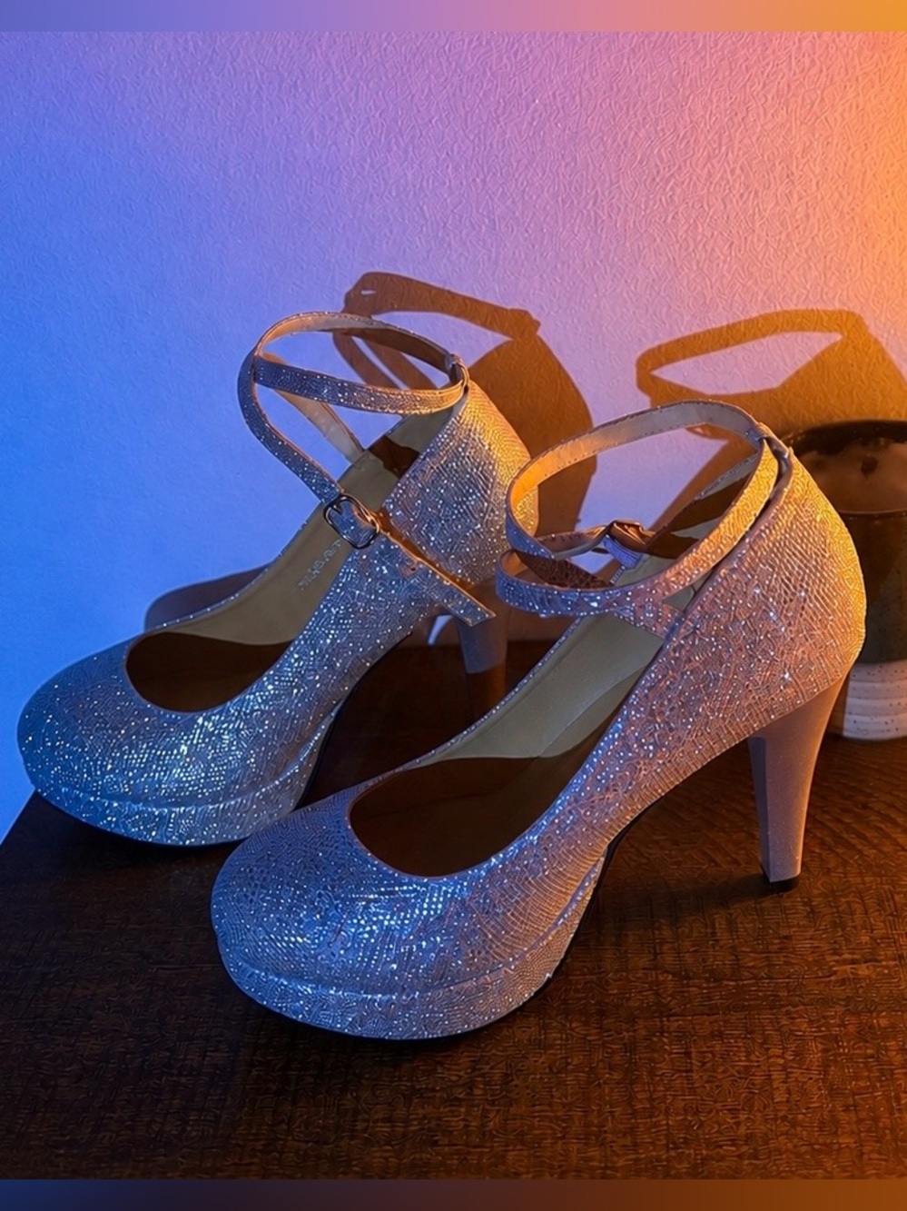 Amazon Glitter Ankle-Strap Platform Heels - Silver